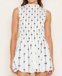 Modenaire Women's Sleeveless Smocked High Neck Embroidered Mini Dress