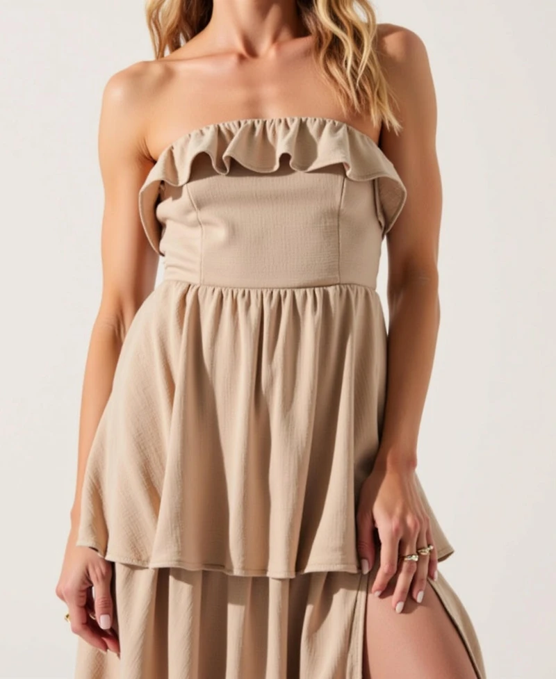 Modenaire Women's Strapless Tiered Ruffle High Slit Maxi Dress