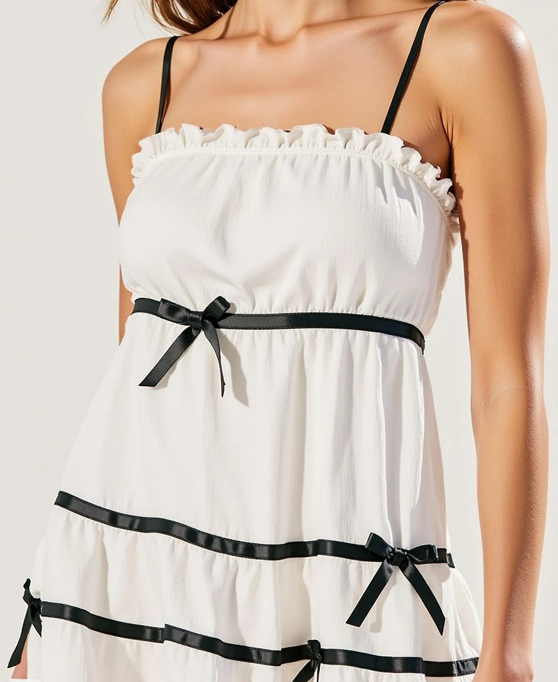 Modenaire Women's Spaghetti Strap Ruffled Trim Bow Accents Mini Dress