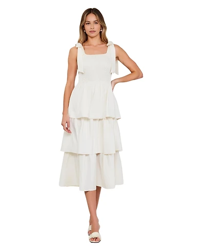 Modenaire Women's Tiered Smocked Bow-Tie Shoulder Midi Dress