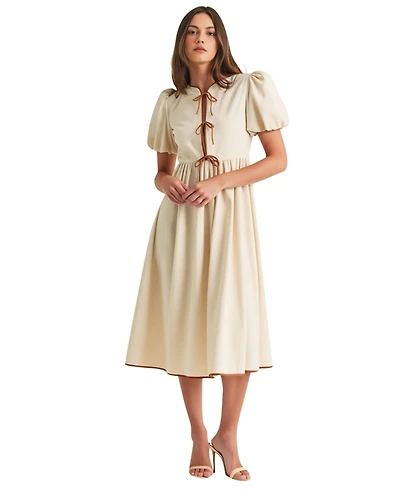Modenaire Women's Puff Sleeve Contrast Tie Midi Dress
