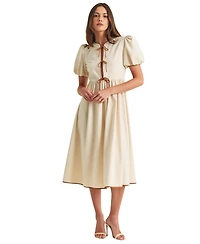 Modenaire Women's Puff Sleeve Contrast Tie Midi Dress