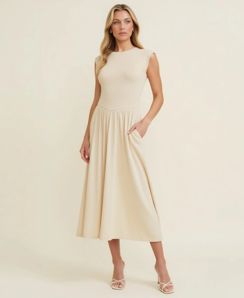 Modenaire Women's Cap Sleeve Knit Bodice Midi Dress with Pockets