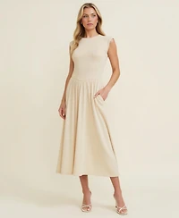 Modenaire Women's Cap Sleeve Knit Bodice Midi Dress with Pockets