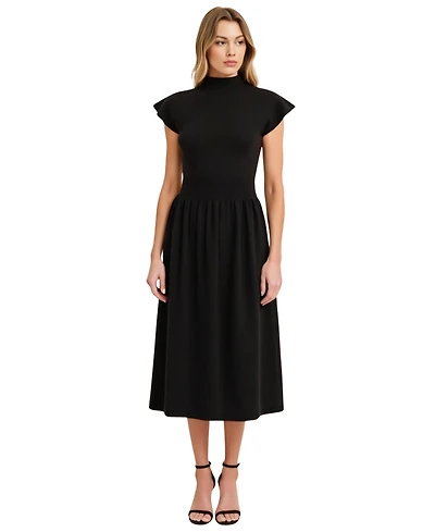 Modenaire Women's Scallop Edge Mock Neck Sleeveless Knit Midi Dress