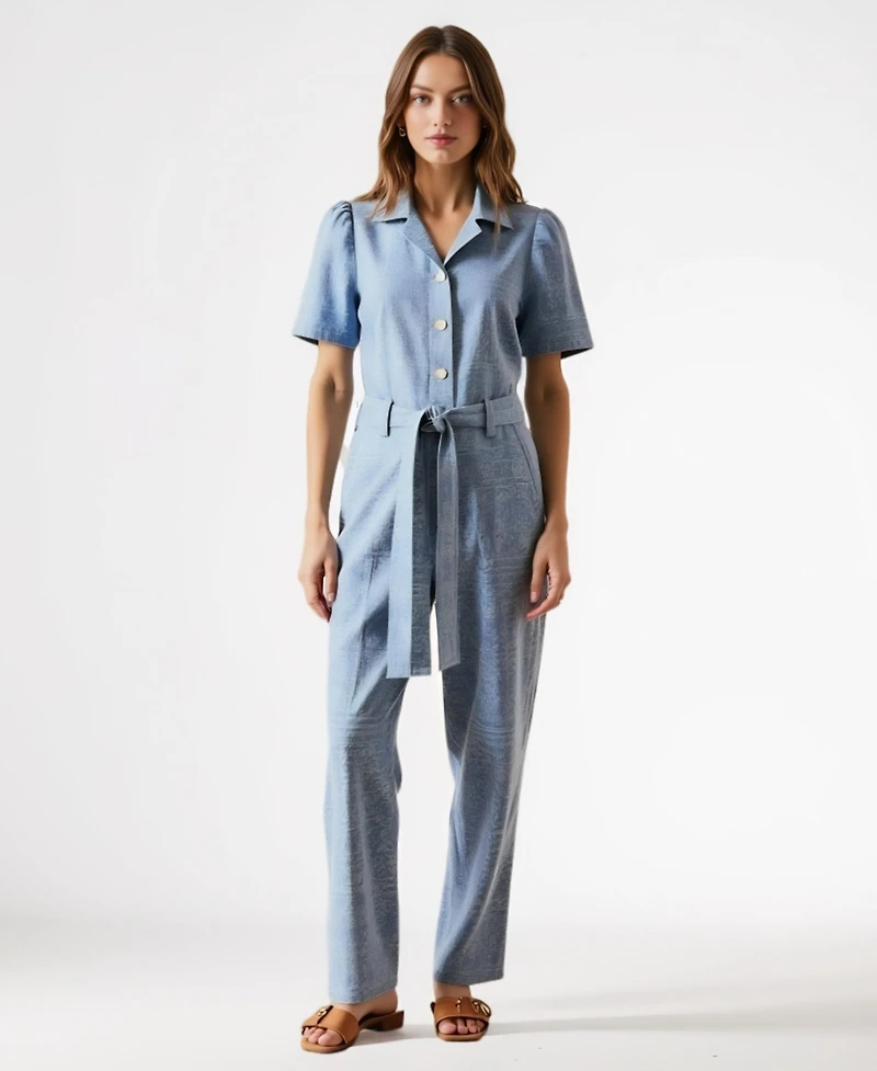 Modenaire Women's Paisley Print Belted Short Sleeve Button Front Jumpsuit