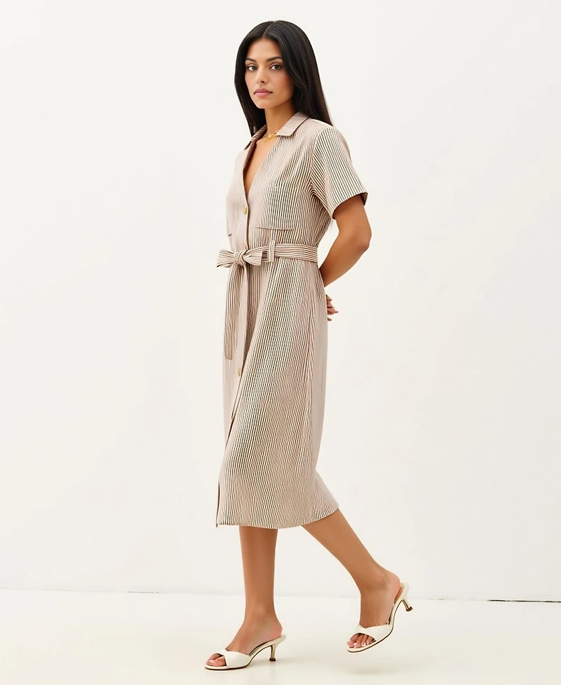 Modenaire Women's Striped Collared Waist Tie Button-Down Midi Dress