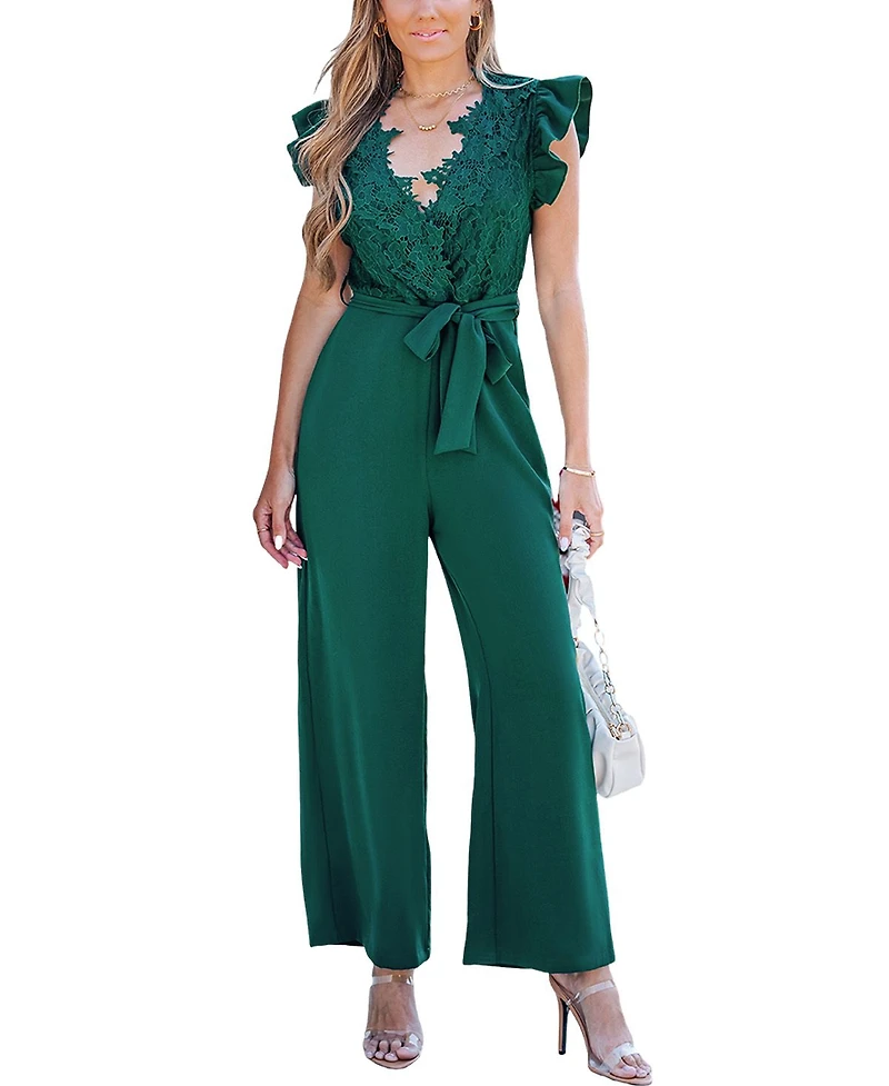 Cupshe Women's Lace Ruffle Sleeve V-Neck Jumpsuit