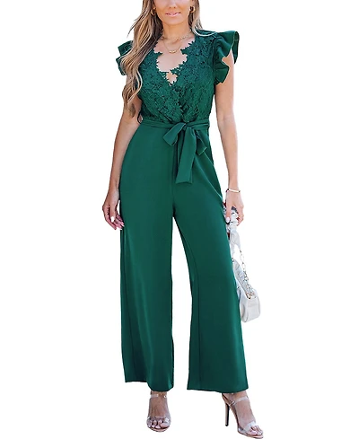 Cupshe Women's Lace Ruffle Sleeve V-Neck Jumpsuit