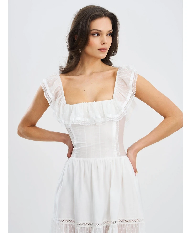 Miss Circle Women Eden Square Neck Ruffle Trim High Waist Midi Dress