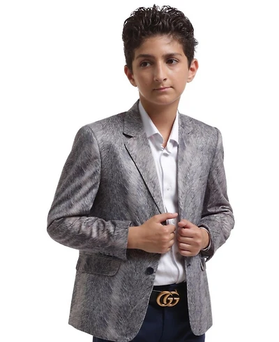 Elie Balleh Boys Silver Slim Fit Printed Velvet Blazer
