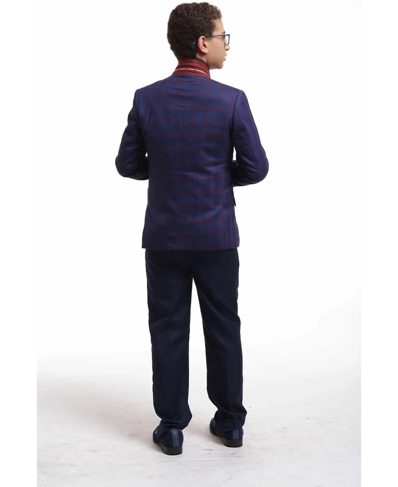 Elie Balleh Boys Navy Slim Fit Checkered Blazer
