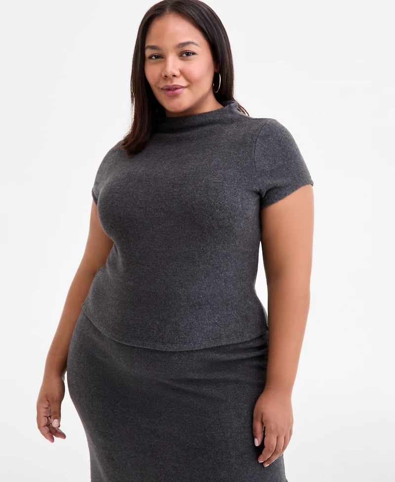 Bar Iii Trendy Plus Size Funnel Neck Short-Sleeve Sweater, Macy's Exclusive