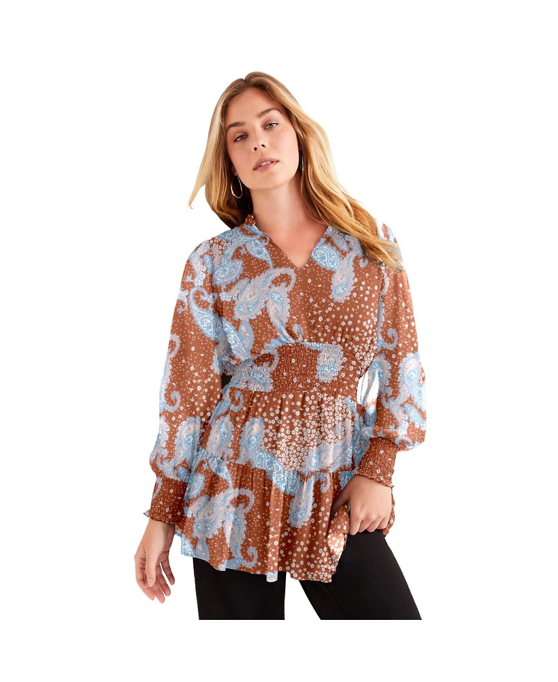 June + Vie Women's Plus Smocked Georgette Tunic