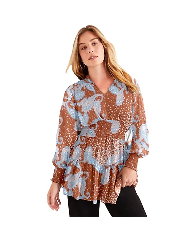 June + Vie Women's Plus Smocked Georgette Tunic
