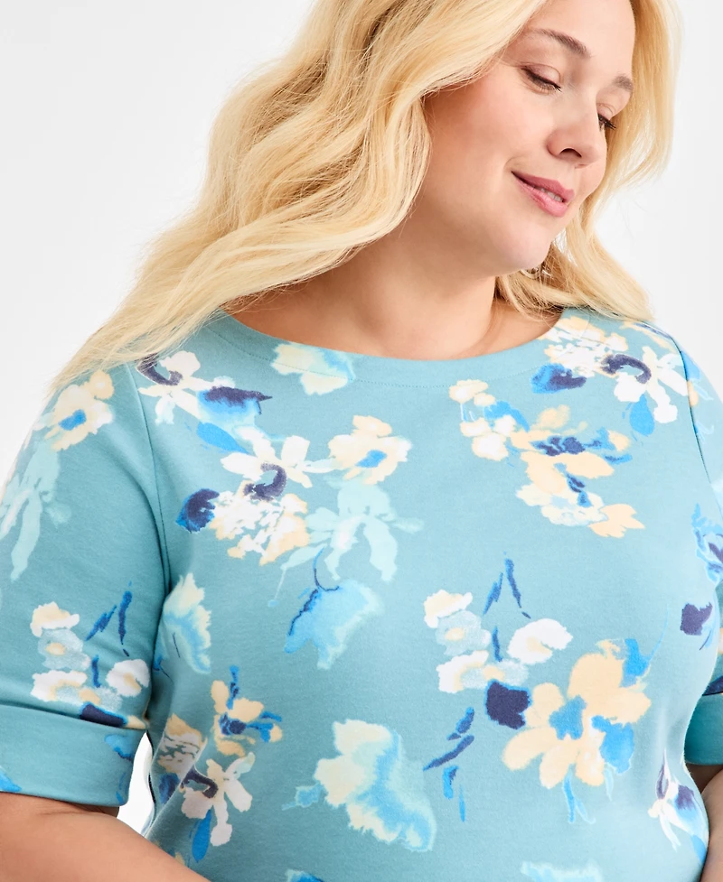 Style & Co Plus Size Boat-Neck Cuffed-Sleeve Top, Macy's Exclusive