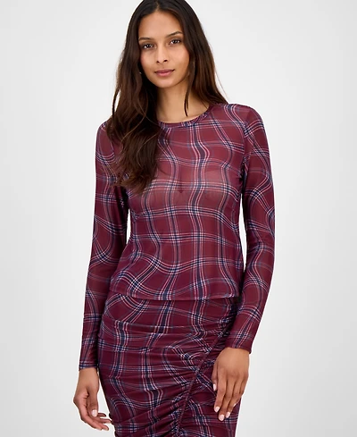 Bar Iii Women's Plaid Mesh Long-Sleeve Top, Macy's Exclusive
