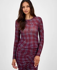 Bar Iii Women's Plaid Mesh Long-Sleeve Top, Macy's Exclusive
