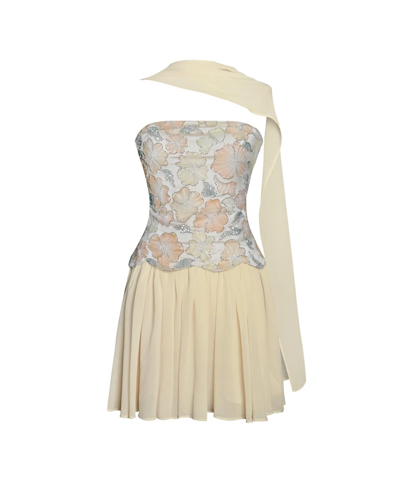 Miss Circle Women's Quanisha Yellow Beaded Floral Mini Chiffon Dress with Scarf