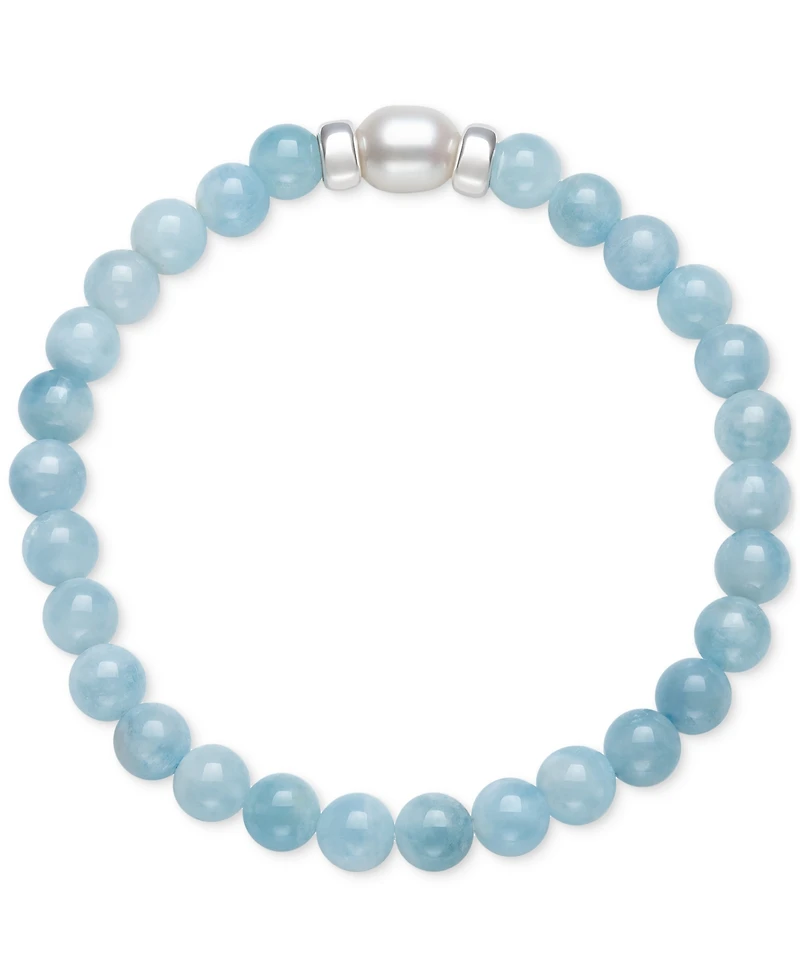Milky Aqua & Cultured Freshwater Pearl Stretch Bracelet in Sterling Silver