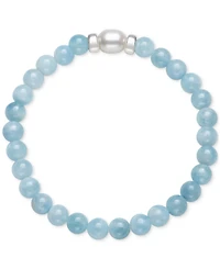 Milky Aqua & Cultured Freshwater Pearl Stretch Bracelet in Sterling Silver