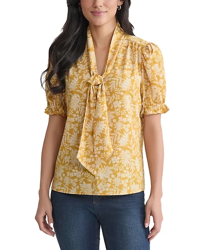 Jones New York Petite Printed Tie-Neck Puff-Sleeve Blouse