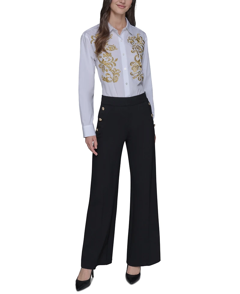 Karl Lagerfeld Paris Women's Side-Button Wide-Leg Ponte Pants