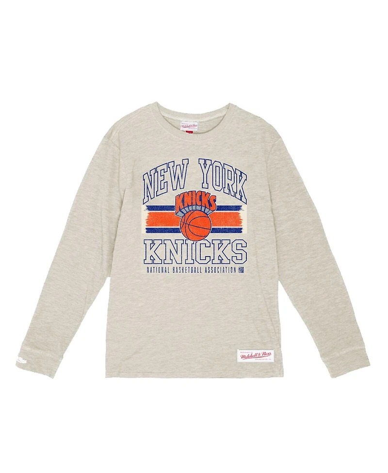 Mitchell & Ness Men's Cream New York Knicks Striped Logo Lockup Premium T-Shirt