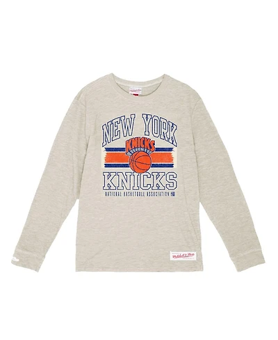 Mitchell & Ness Men's Cream New York Knicks Striped Logo Lockup Premium T-Shirt