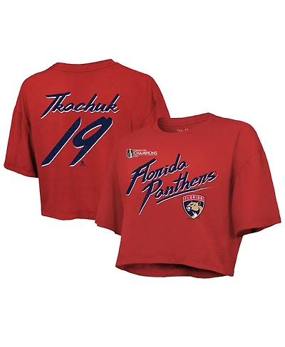 Majestic Women's Matthew Tkachuk Red Florida Panthers 2025 Stanley Cup Champions Name Number Boxy Cropped T-Shirt