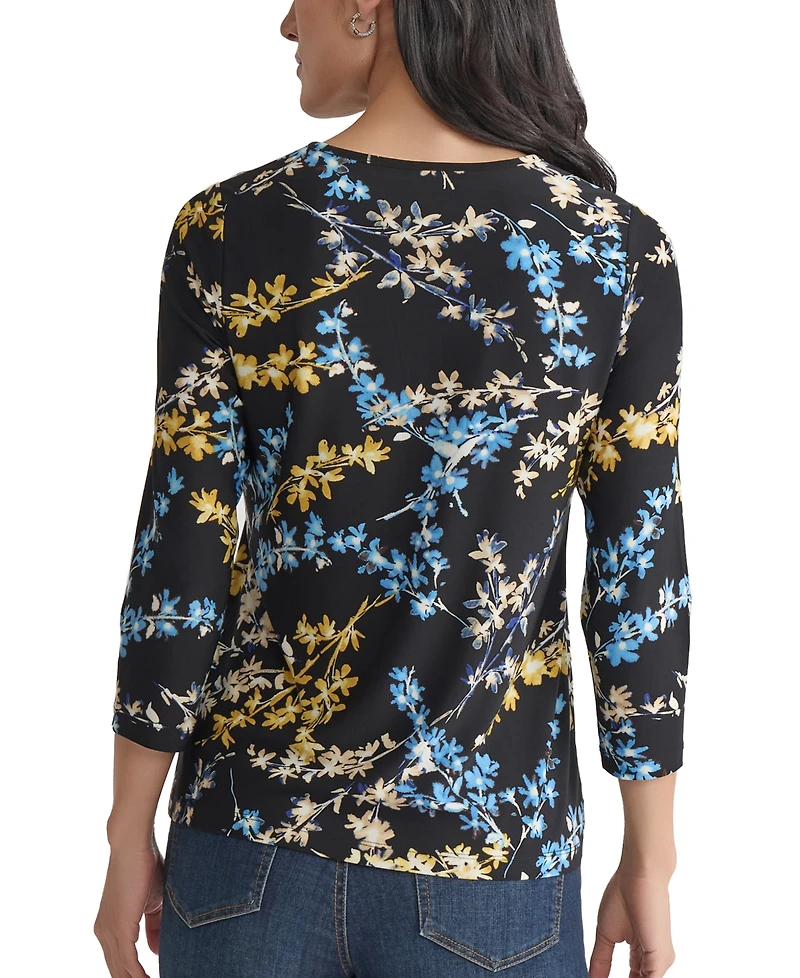 Jones New York Petite Floral-Print Keyhole Top