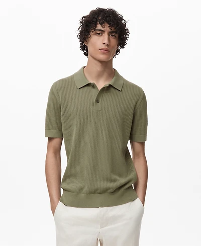Mango Men's Openwork Knitted Cotton Polo Shirt
