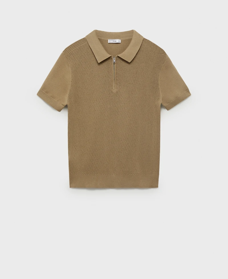 Mango Men's Zipper Openwork Knitted Polo Shirt
