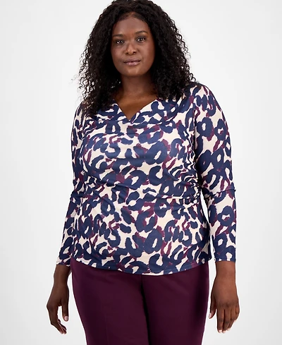 Tahari Asl Plus Abstract-Print Long-Sleeve Top