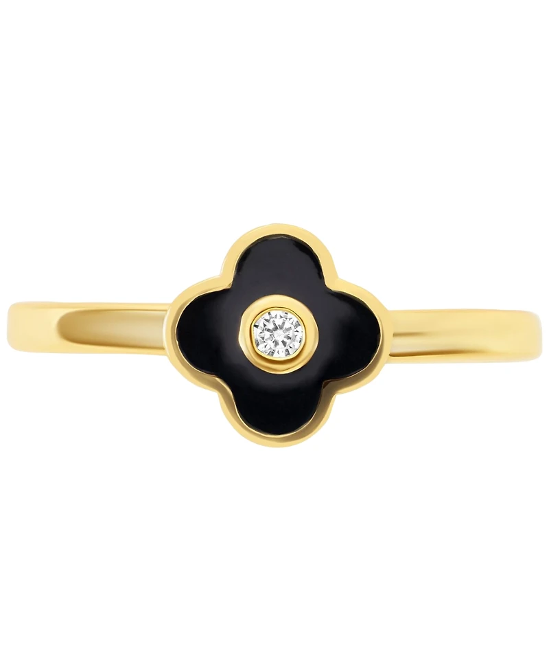 Cubic Zirconia & Black Clay Clover Ring 14k Gold-Plated Sterling Silver