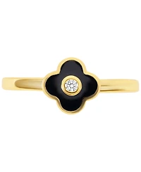 Cubic Zirconia & Black Clay Clover Ring 14k Gold-Plated Sterling Silver