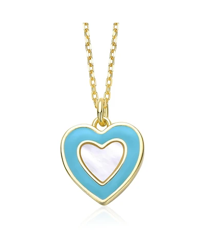 14K Gold-Plated with Mother-of-Pearl & Sky Blue Enamel Inlay Heart Pendant Necklace