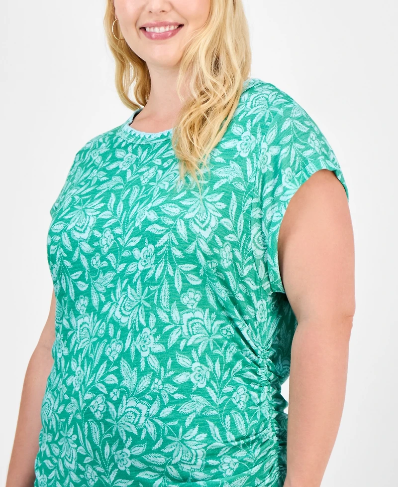 Democracy Trendy Plus Printed Side-Shirred Cap-Sleeve Top