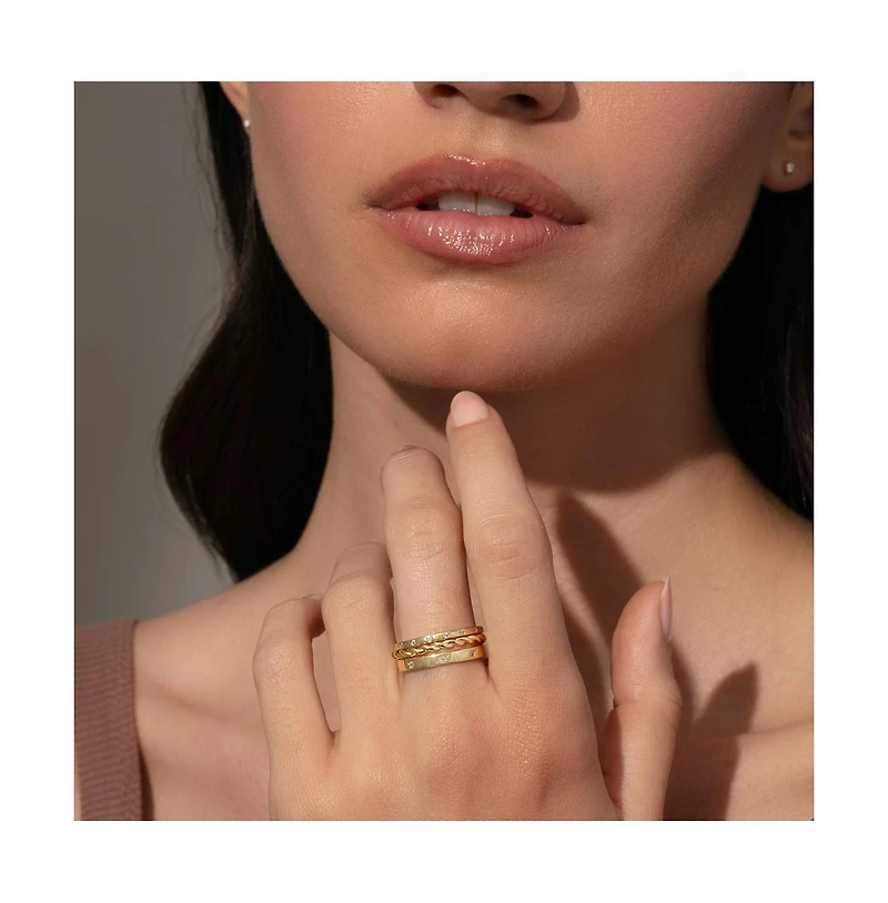 14k Gold-Plated Brass Cubic Zirconia Triad Ring, Set of 3