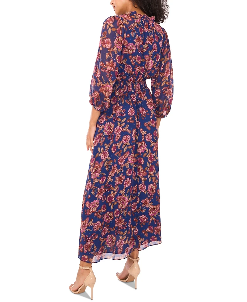 Vince Camuto Women's Printed Tie-Neck Puff-Sleeve Maxi Dress