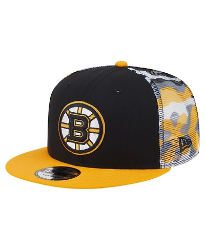 New Era Men's Black/Gold Boston Bruins Camo Meshback 9FIFTY Snapback Hat