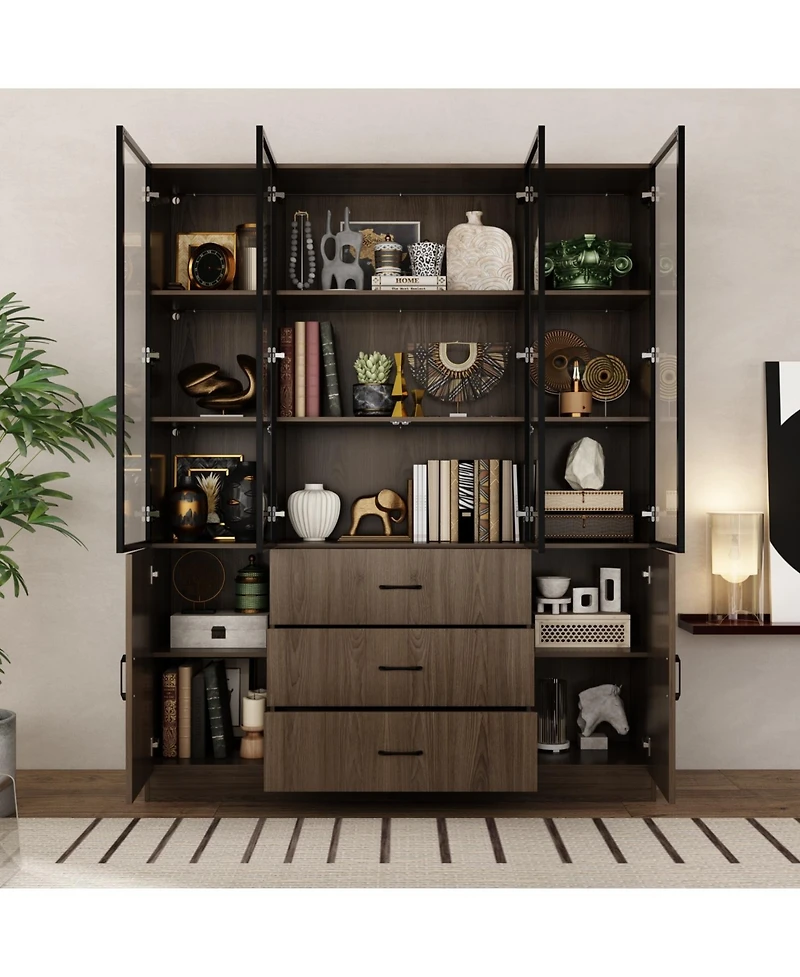 Famapy Brown Wood 13-Shelf Standard Bookcase with Pop up Glass Doors