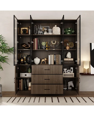 Famapy Brown Wood 13-Shelf Standard Bookcase with Pop up Glass Doors