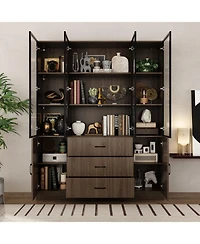 Famapy Brown Wood 13-Shelf Standard Bookcase with Pop up Glass Doors