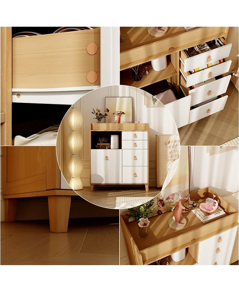4-drawer nightstand with one door, wood and white wooden side table, end table with leather handles, appropriate for bedrooms, living rooms, and offic