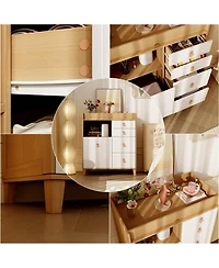 4-drawer nightstand with one door, wood and white wooden side table, end table with leather handles, appropriate for bedrooms, living rooms, and offic