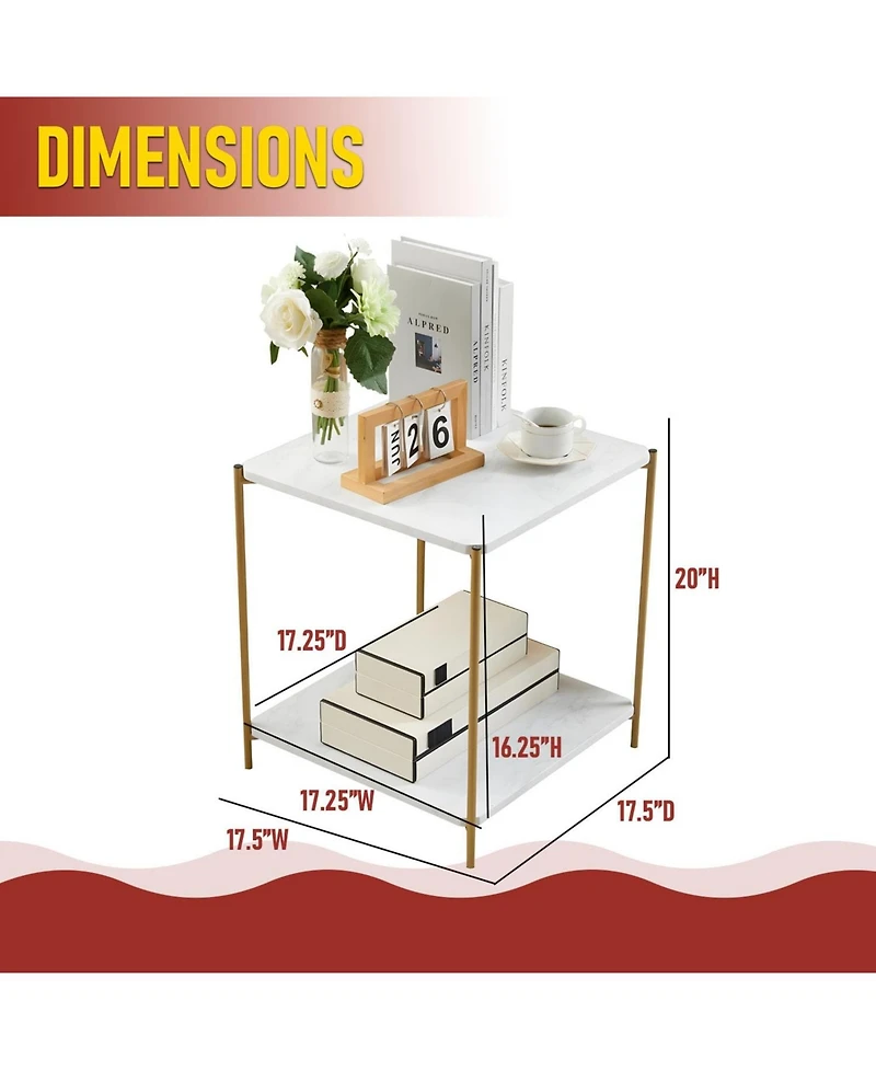 Kings Brand Furniture Side End Table with Faux Marble Storage Shelves & Gold Metal Frame, Nightstand for Bedroom, Living Room, or Modern Accent Table