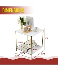 Kings Brand Furniture Side End Table with Faux Marble Storage Shelves & Gold Metal Frame, Nightstand for Bedroom, Living Room, or Modern Accent Table