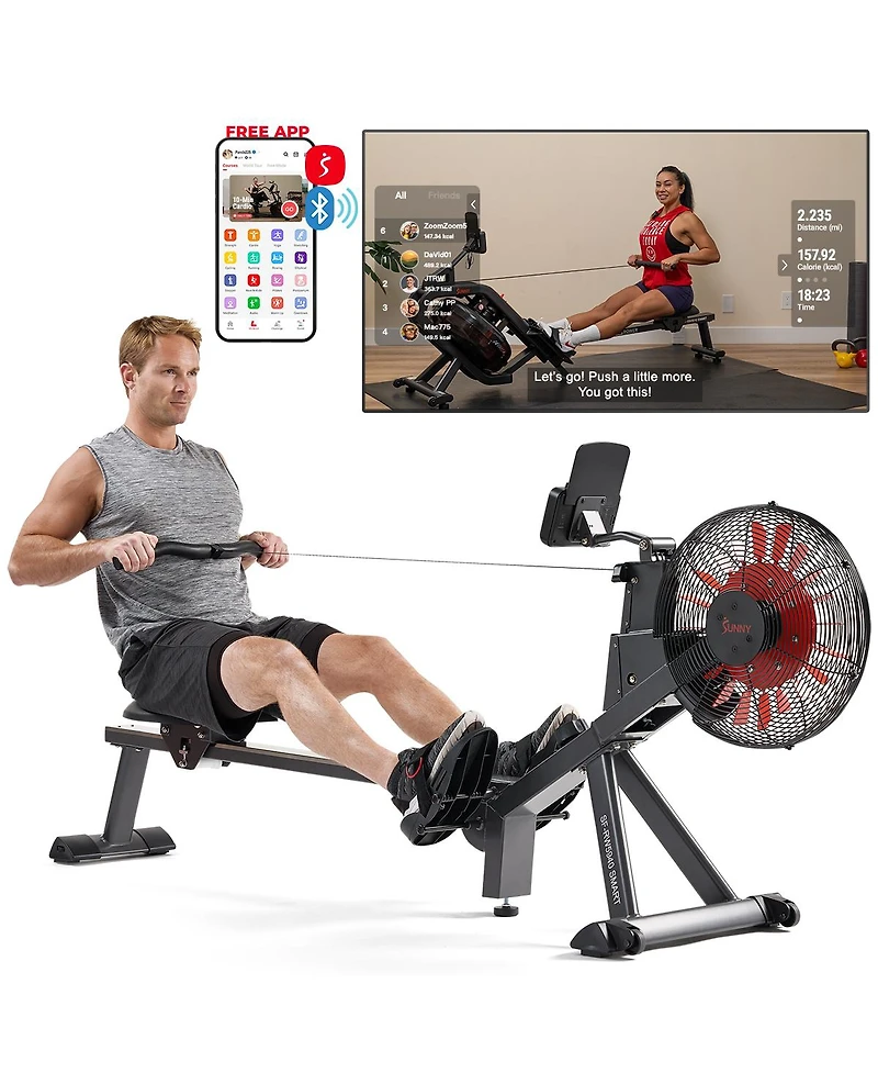 Sunny Health & Fitness Premium Smart Magnetic Air Rower, 300LB Weight Capacity, Free SunnyFit App w/ Bluetooth