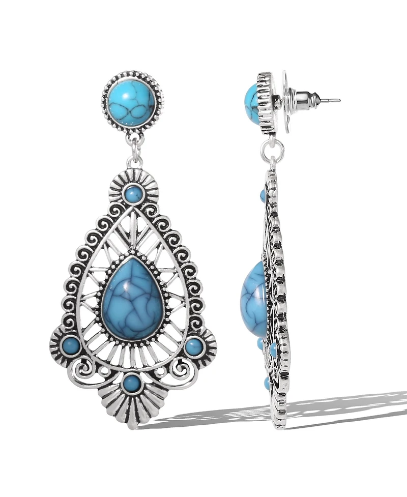 Jessica Simpson Silver-Tone Filigree Teardrop Earrings in Blue